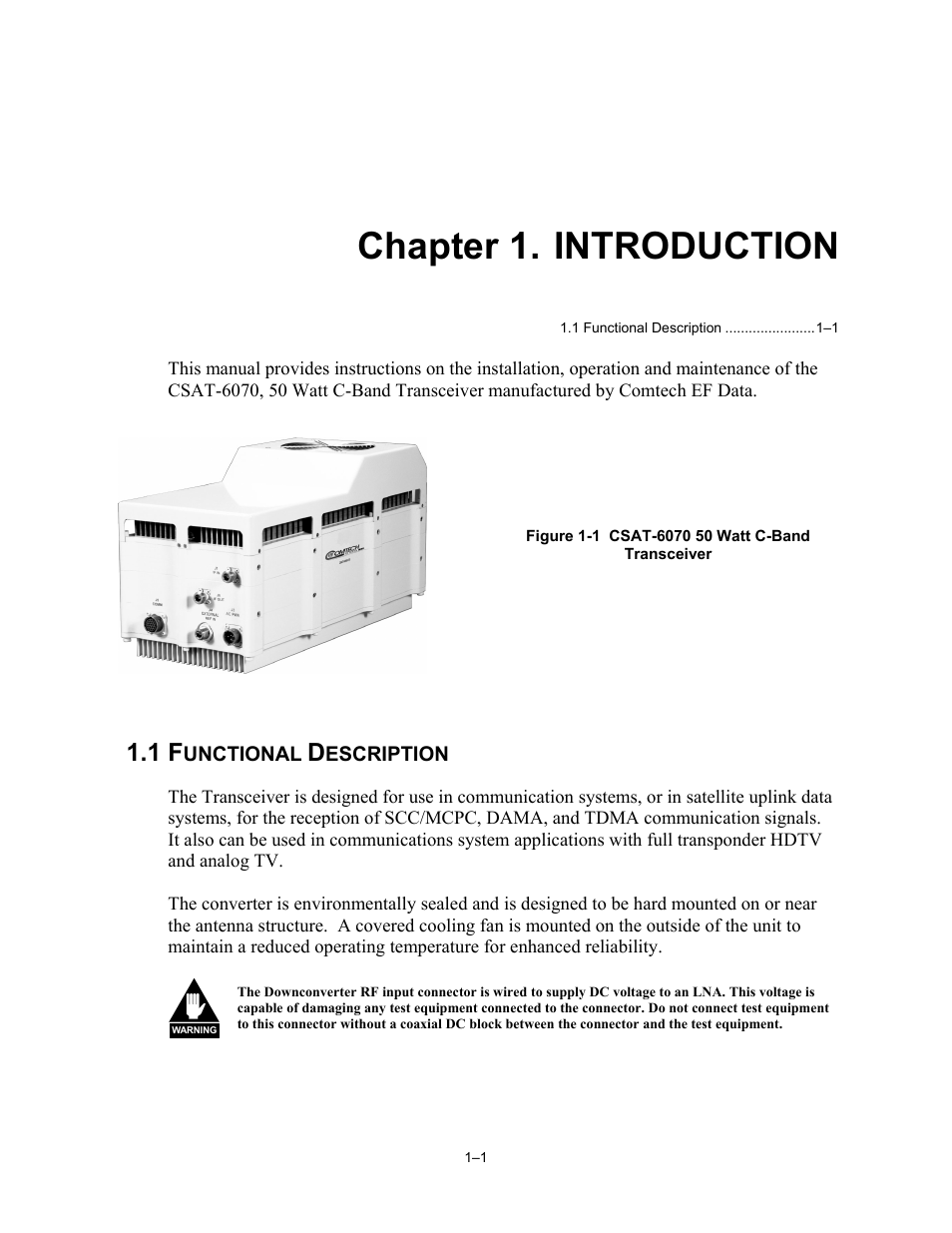 Chp 1 introduction, Functional description, Chapter 1. introduction | Comtech EF Data CSAT-6070 User Manual | Page 19 / 102