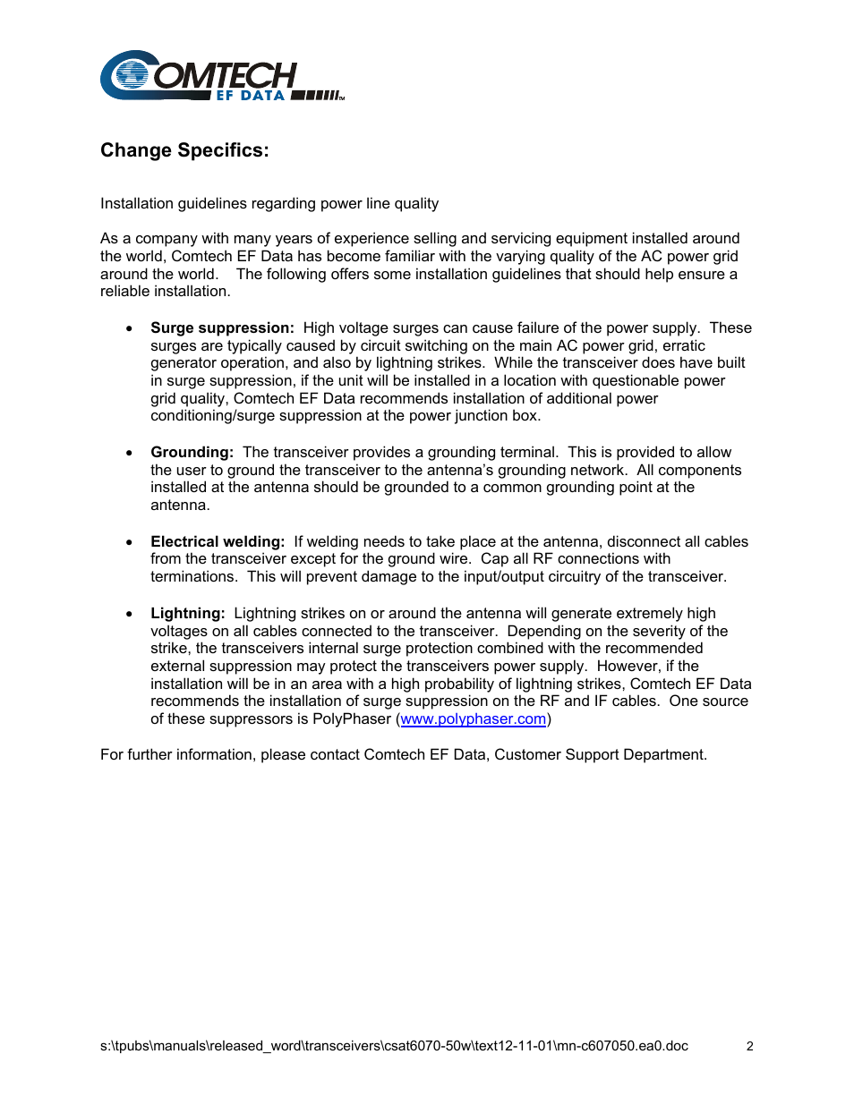 Change specifics | Comtech EF Data CSAT-6070 User Manual | Page 4 / 102
