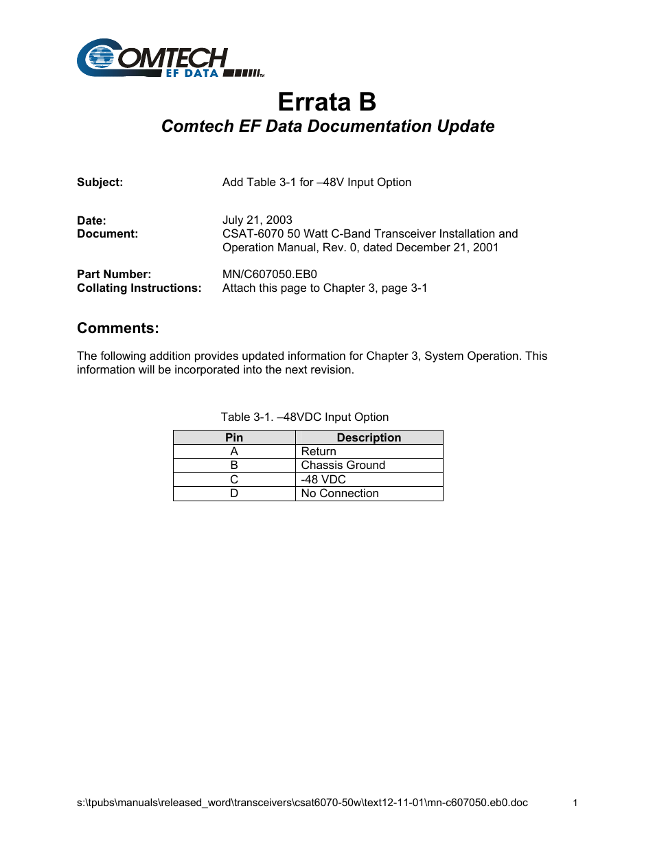 Errata b: add -48 vdc input option, Errata b, Comtech ef data documentation update | Comtech EF Data CSAT-6070 User Manual | Page 5 / 102