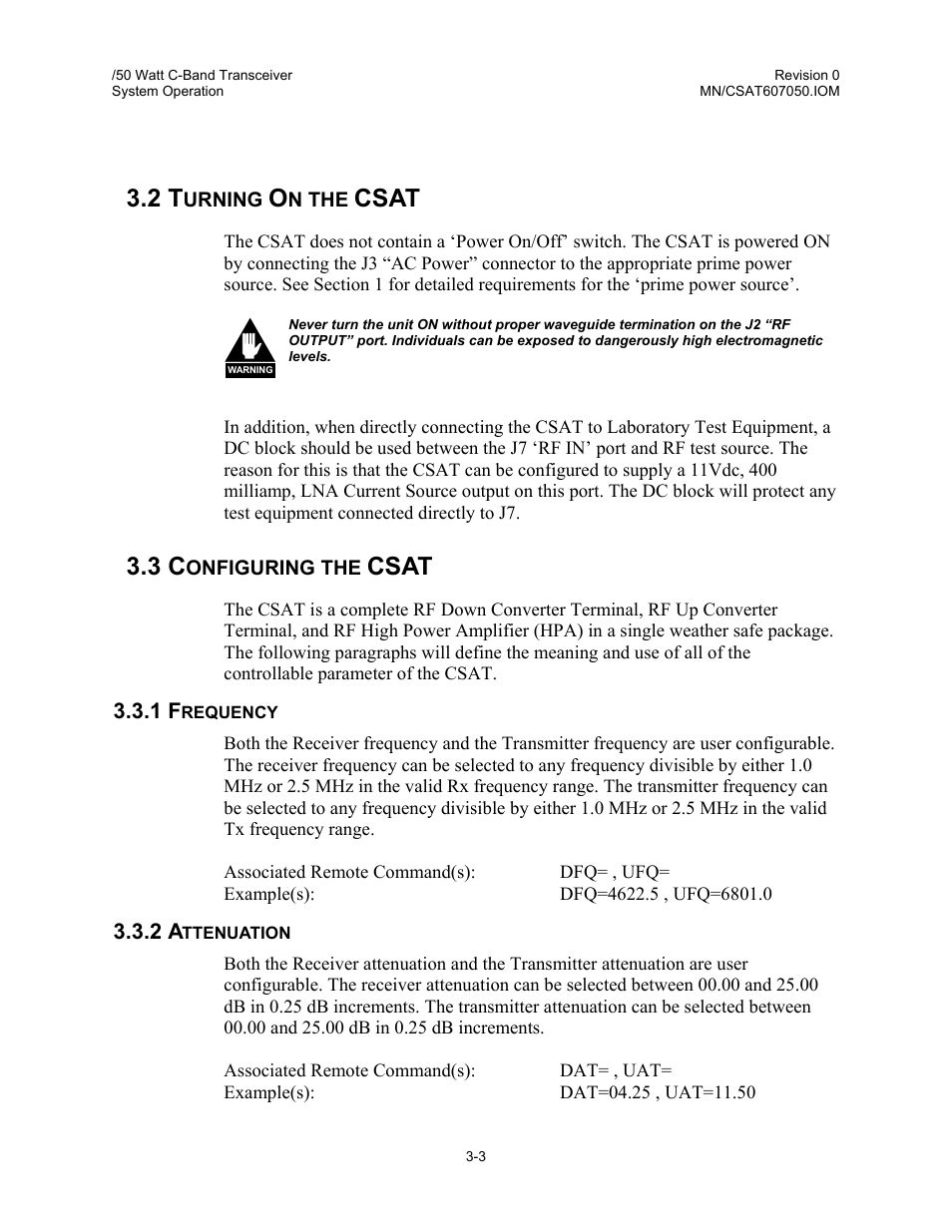 Turning on the csat, Configuring the csat, Frequency | Attenuation, Csat | Comtech EF Data CSAT-6070 User Manual | Page 57 / 102