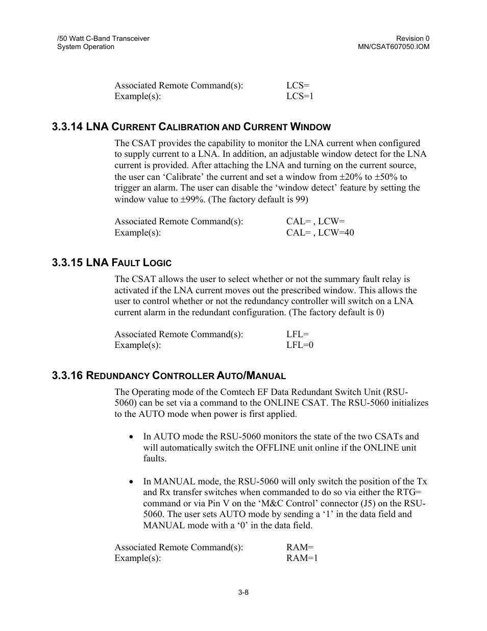 Lna current calibration and current window, Lna fault logic, Redundancy controller auto/manual | Comtech EF Data CSAT-6070 User Manual | Page 62 / 102