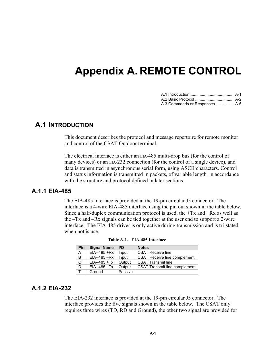 Appendix a remote control, Introduction, Eia-485 | Eia-232, Appendix a. remote control, A.1 i | Comtech EF Data CSAT-6070 User Manual | Page 65 / 102