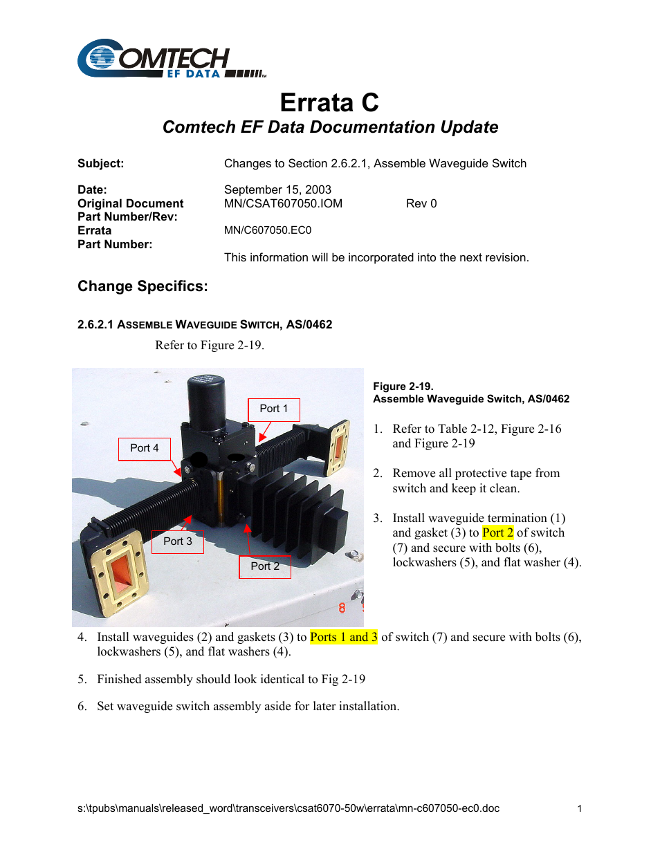 Errata c: assemble waveguide switch, Errata c, Comtech ef data documentation update | Change specifics | Comtech EF Data CSAT-6070 User Manual | Page 7 / 102