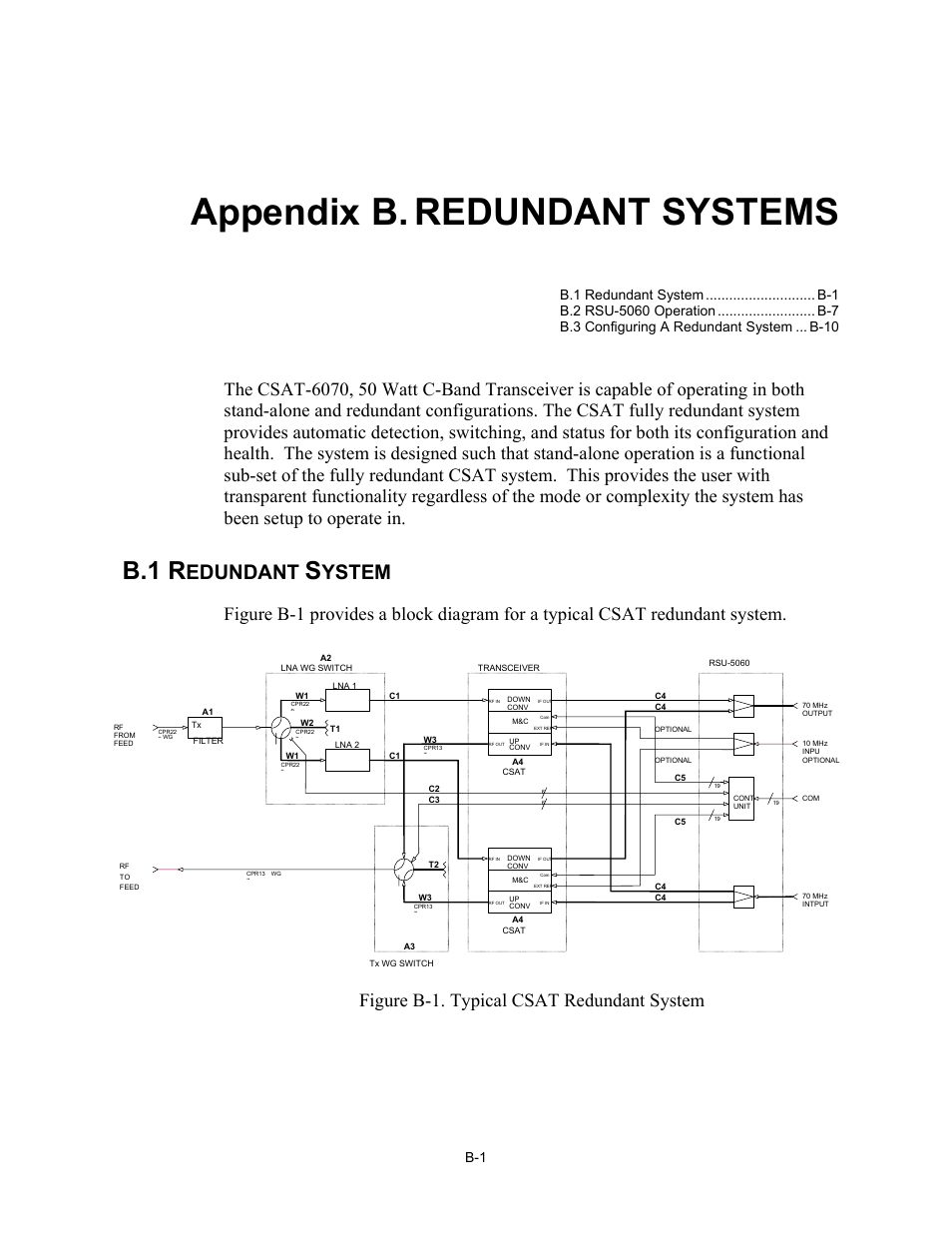 Appendix b redundant systems, Redundant system, Appendix b. redundant systems | B.1 r, Edundant, Ystem, Figure b-1. typical csat redundant system | Comtech EF Data CSAT-6070 User Manual | Page 83 / 102