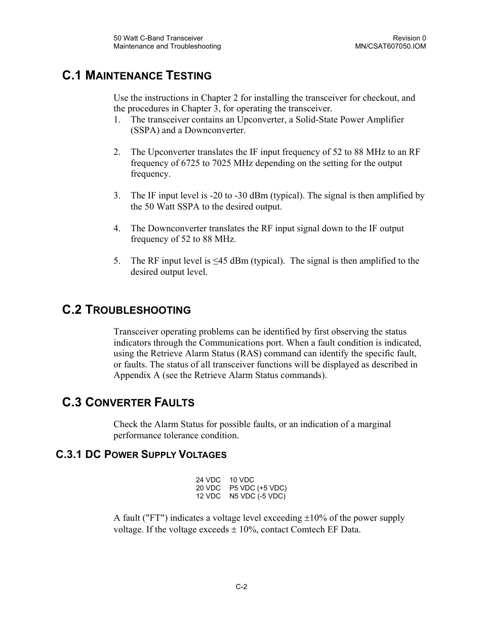 Maintenance testing, Troubleshooting, Converter faults | Dc power supply voltages, C.1 m, C.2 t, C.3 c | Comtech EF Data CSAT-6070 User Manual | Page 94 / 102