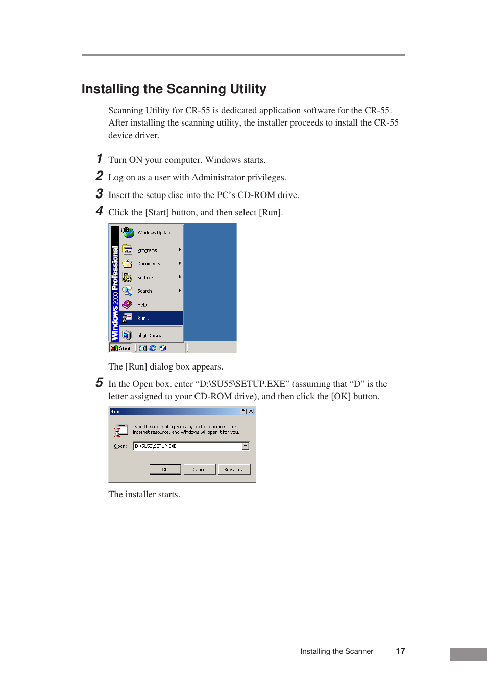 Installing the scanning utility | Canon CR-55 User Manual | Page 21 / 70