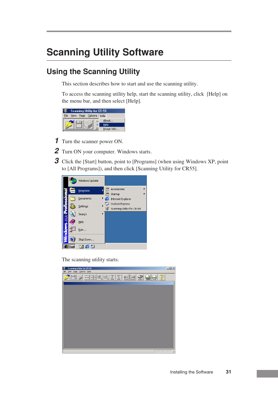 Scanning utility software, Using the scanning utility | Canon CR-55 User Manual | Page 35 / 70