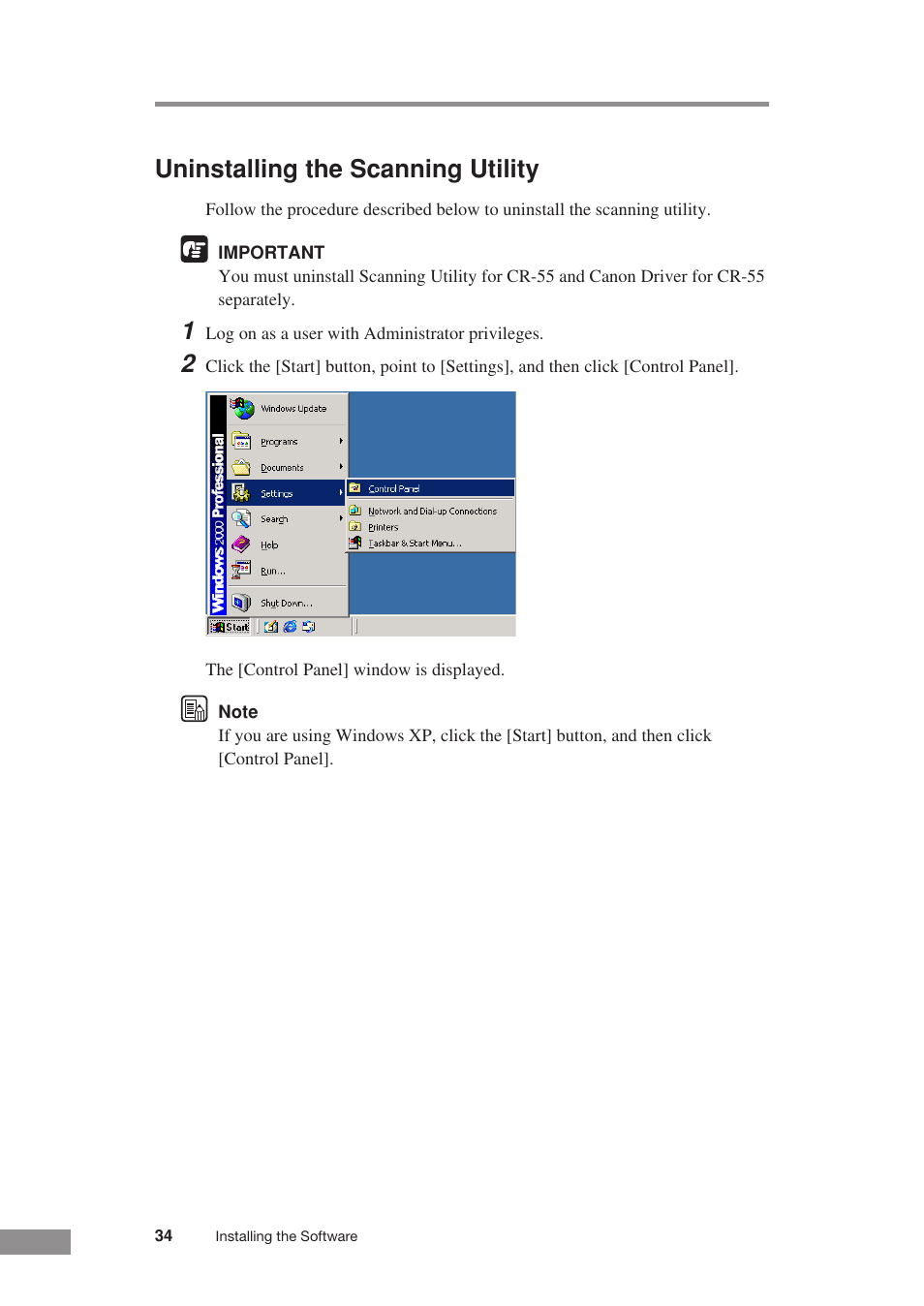 Uninstalling the scanning utility | Canon CR-55 User Manual | Page 38 / 70