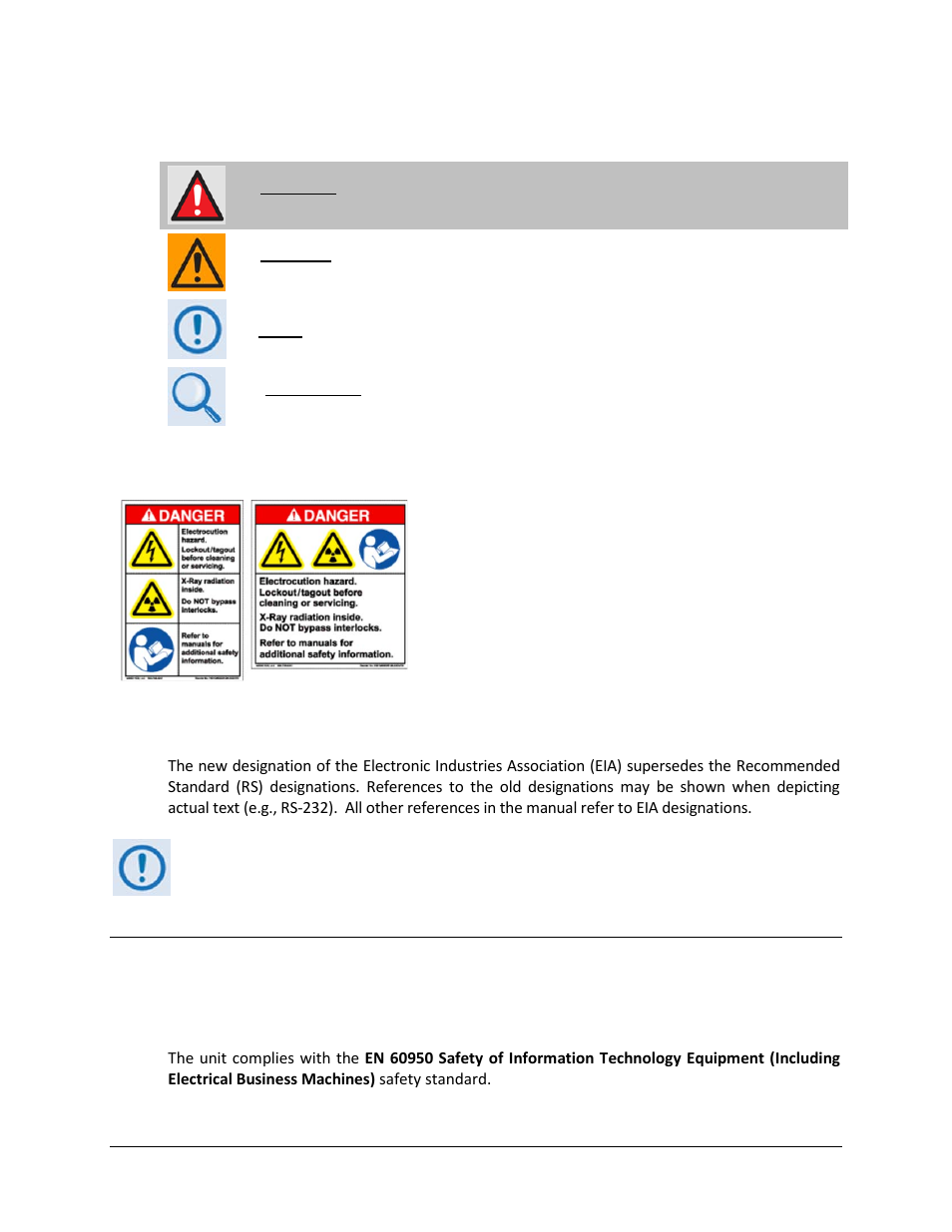 Warnings, cautions, and notes, Examples of multi-hazard notices, Recommended standard designations | Safety and compliance, Electrical safety and compliance | Comtech EF Data MBT-4000B User Manual | Page 10 / 88