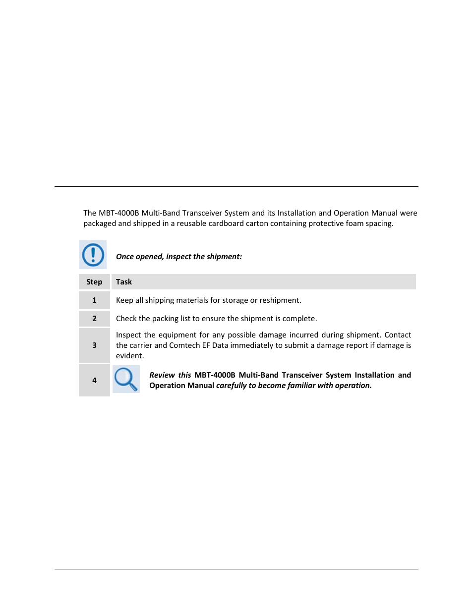 Chapter 2. installation, 1 unpacking and inspecting the shipment | Comtech EF Data MBT-4000B User Manual | Page 23 / 88