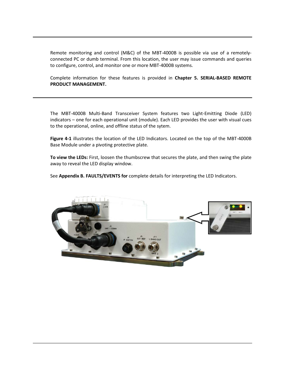 3 remote configuration, monitoring and control, 4 monitoring operations via the led indicators | Comtech EF Data MBT-4000B User Manual | Page 36 / 88