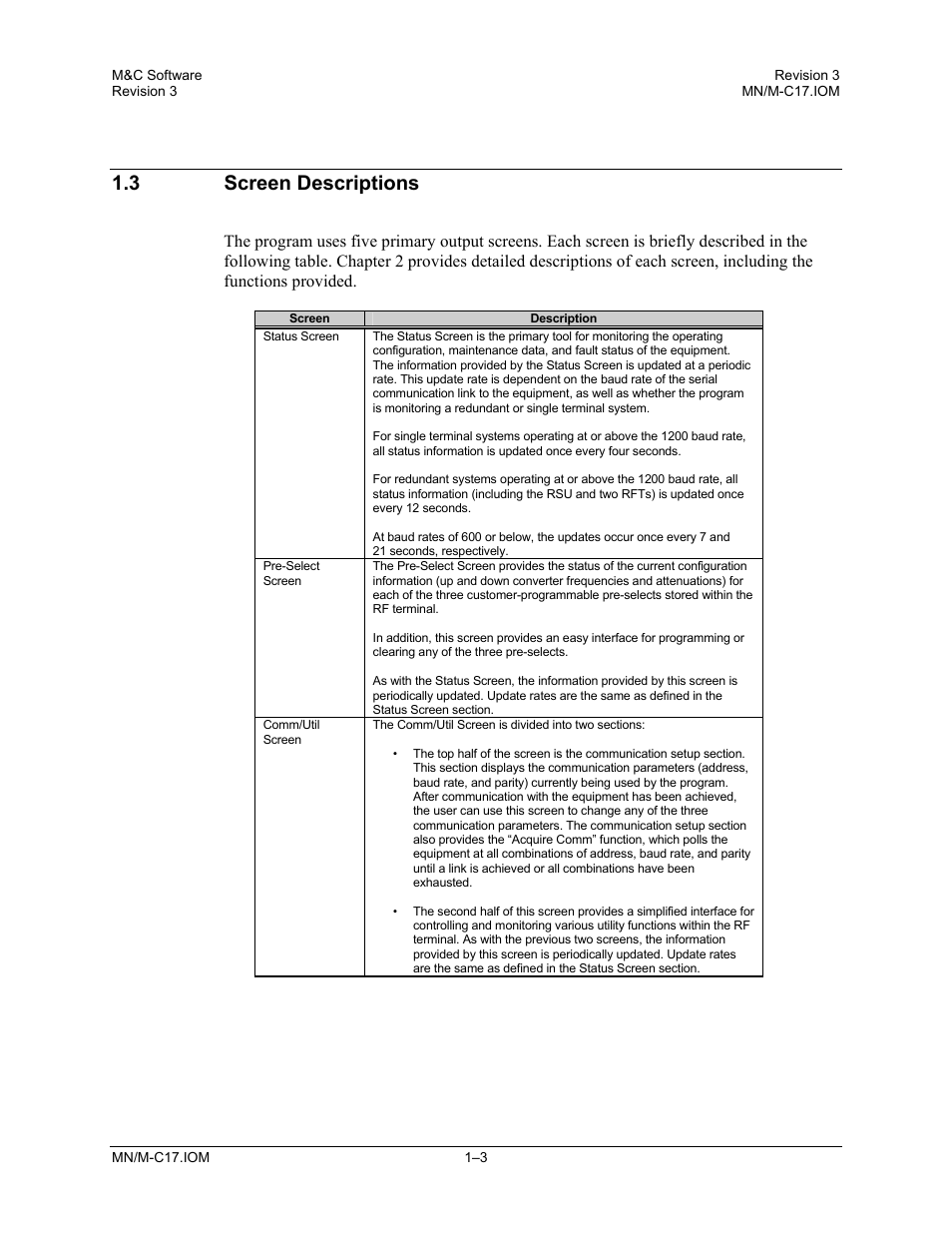 Screen descriptions, 3 screen descriptions | Comtech EF Data M&C Software User Manual | Page 11 / 34