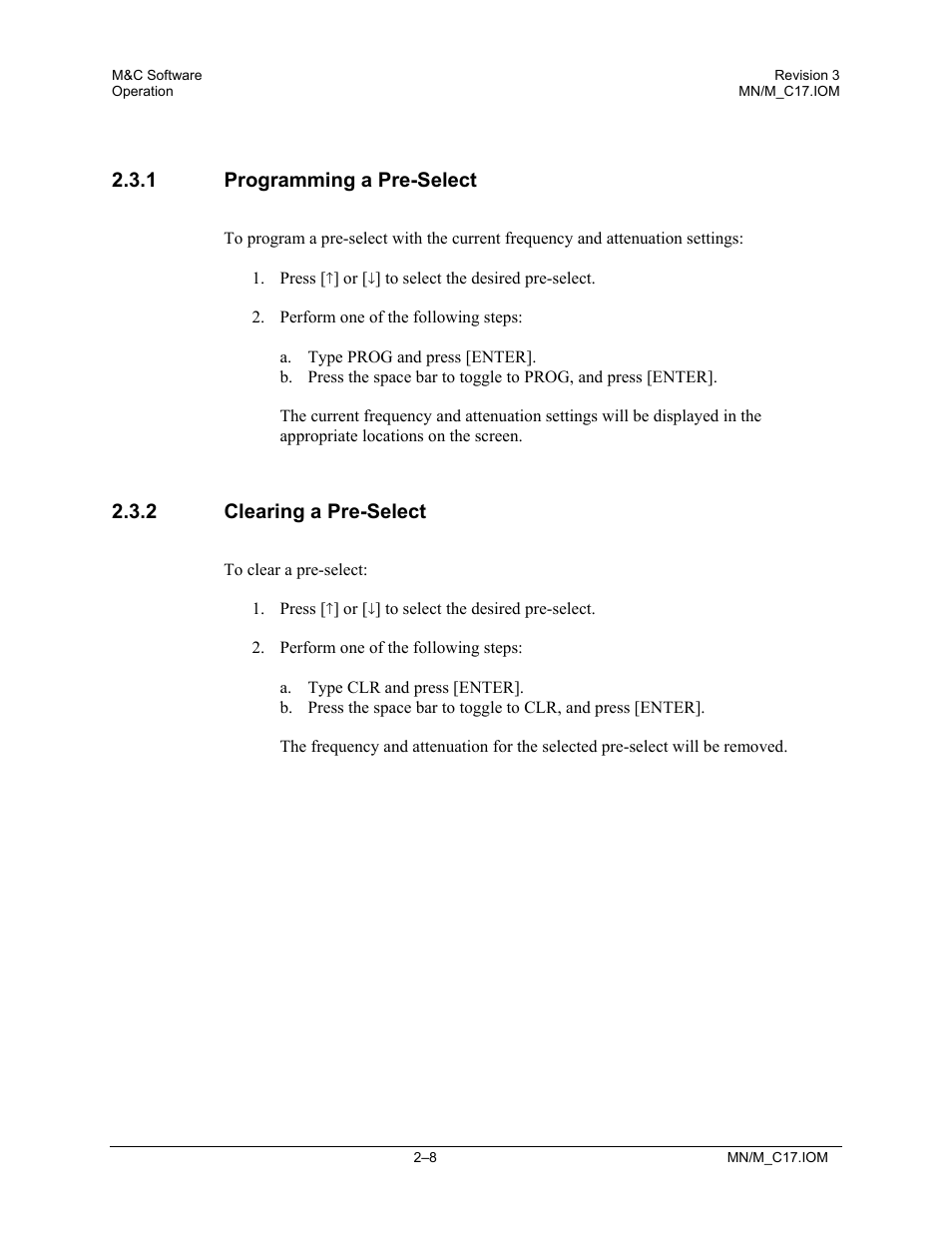 Programming a pre-select, Clearing a pre-select, 1 programming a pre-select | 2 clearing a pre-select | Comtech EF Data M&C Software User Manual | Page 22 / 34