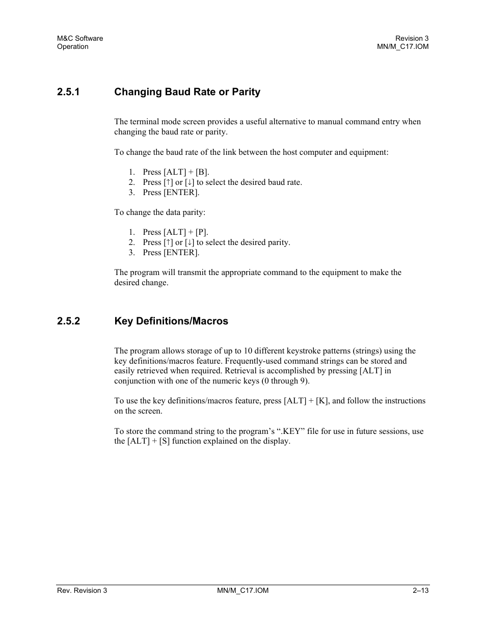 Changing baud rate or parity, Key definitions/macros, 1 changing baud rate or parity | 2 key definitions/macros | Comtech EF Data M&C Software User Manual | Page 27 / 34