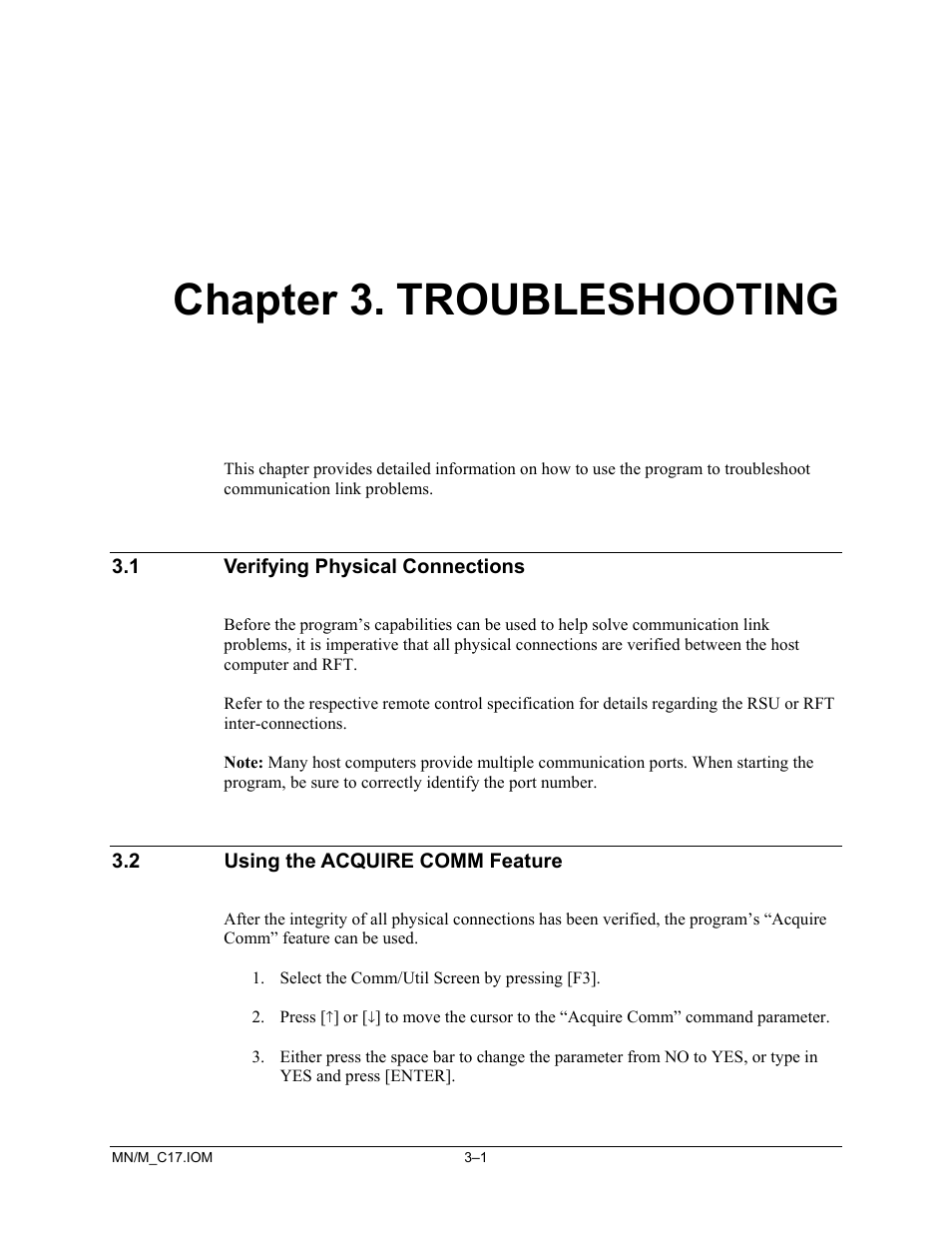 Troubleshooting, Verifying physical connections, Using the acquire comm feature | Chapter 3. troubleshooting | Comtech EF Data M&C Software User Manual | Page 29 / 34