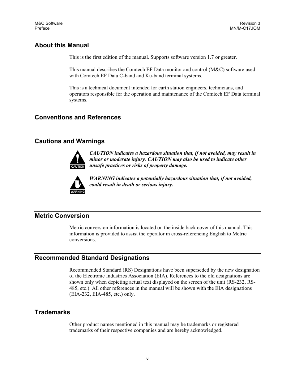 Conventions and references, About this manual, Conventions and references cautions and warnings | Metric conversion, Recommended standard designations, Trademarks | Comtech EF Data M&C Software User Manual | Page 7 / 34