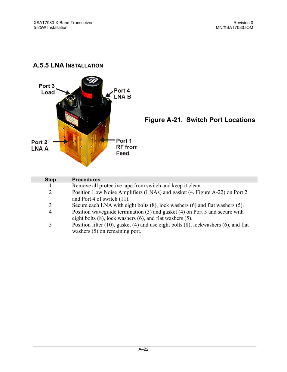 Lna installation | Comtech EF Data XSAT-7080 User Manual | Page 104 / 142