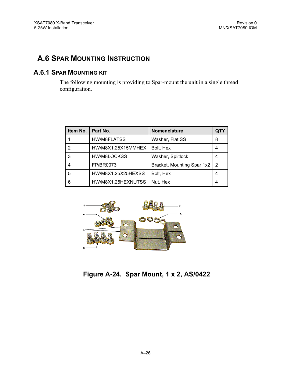 Spar mounting instruction, Spar mounting kit, A.6 s | A.6.1 s | Comtech EF Data XSAT-7080 User Manual | Page 108 / 142