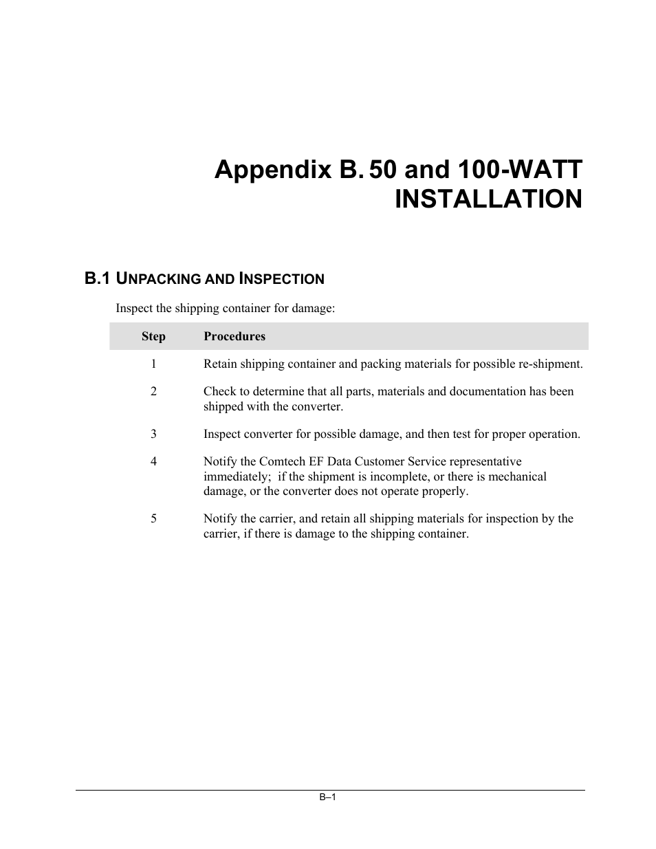B. 50 and 100-watt installation, Unpacking and inspection, B.1 u | Comtech EF Data XSAT-7080 User Manual | Page 111 / 142