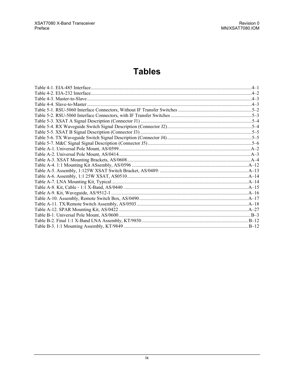 Tables | Comtech EF Data XSAT-7080 User Manual | Page 13 / 142