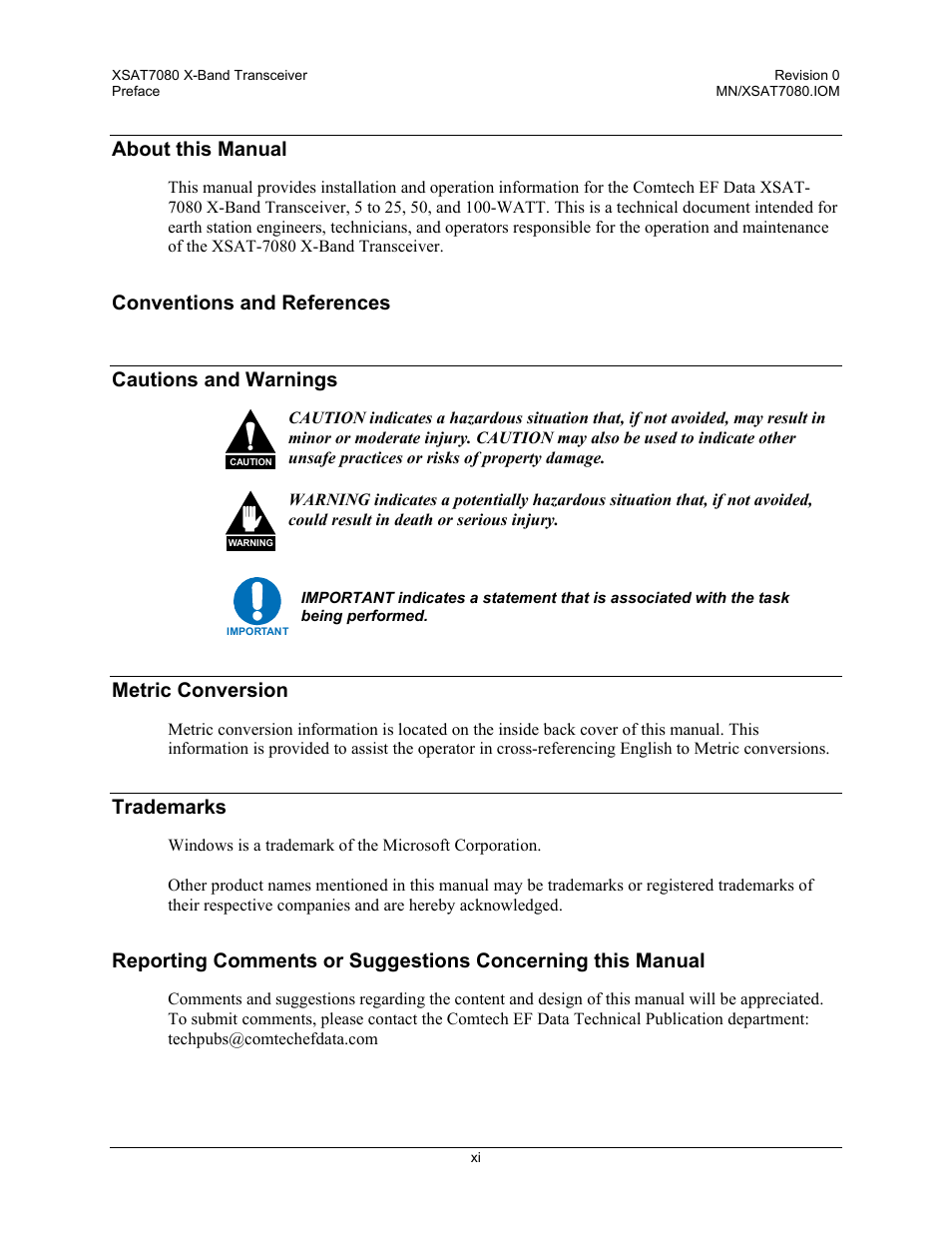 About this manual, Conventions and references, Cautions and warnings | Metric conversion, Trademarks, Conventions and references cautions and warnings | Comtech EF Data XSAT-7080 User Manual | Page 15 / 142