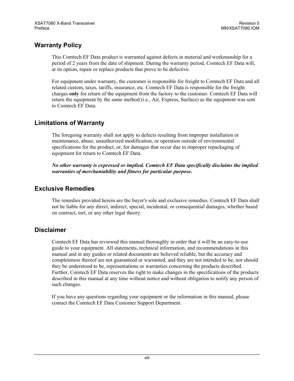 Warranty policy, Limitations of warranty, Exclusive remedies | Disclaimer | Comtech EF Data XSAT-7080 User Manual | Page 17 / 142