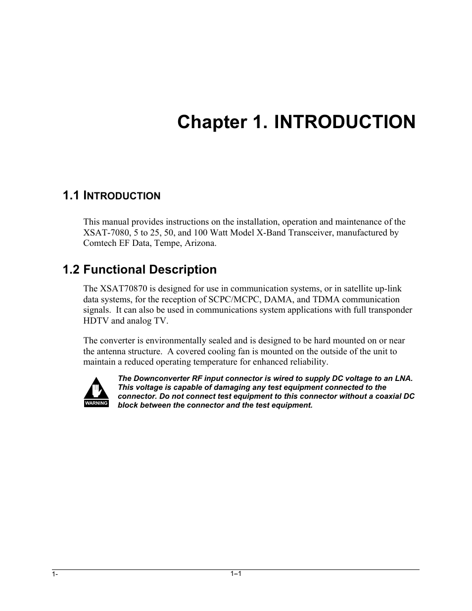 Introduction, Chapter 1. introduction, 2 functional description | Comtech EF Data XSAT-7080 User Manual | Page 19 / 142
