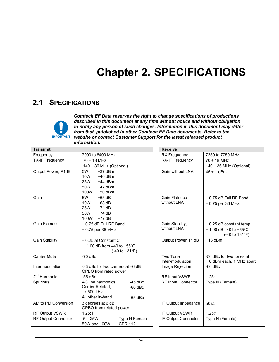 Specifications, 1specifications, Chapter 2. specifications | Pecifications | Comtech EF Data XSAT-7080 User Manual | Page 21 / 142