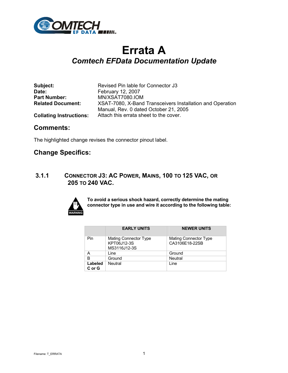 Errata a, Comtech efdata documentation update, Comments | Change specifics | Comtech EF Data XSAT-7080 User Manual | Page 3 / 142