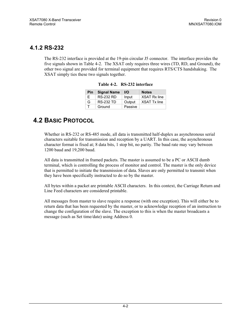 Rs-232, Basic protocol, 2 rs-232 | Asic, Rotocol | Comtech EF Data XSAT-7080 User Manual | Page 38 / 142