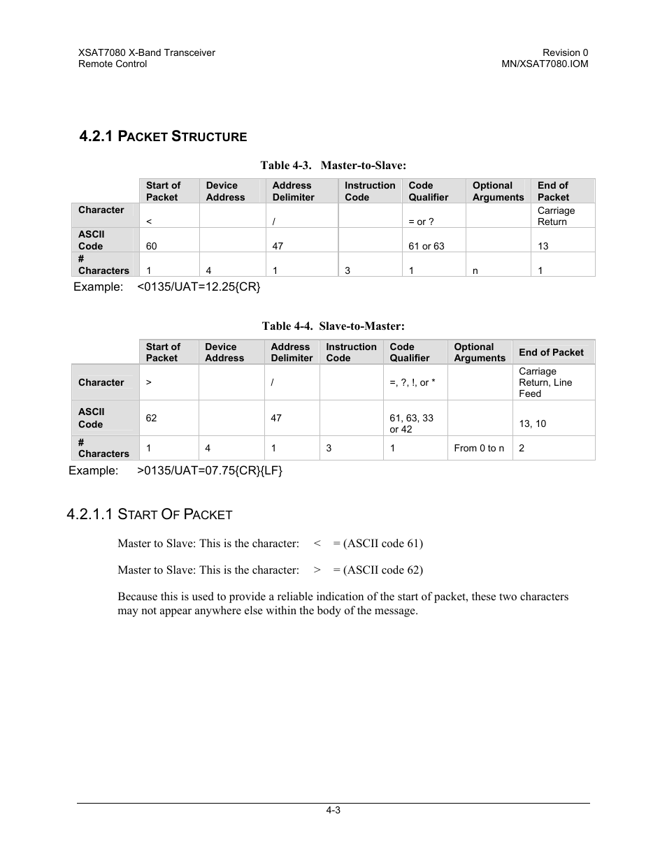 Packet structure, Start of packet | Comtech EF Data XSAT-7080 User Manual | Page 39 / 142