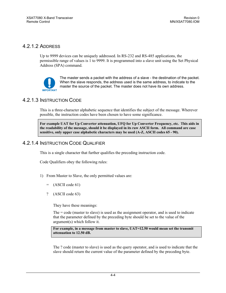 Address, Instruction code, Instruction code qualifier | Comtech EF Data XSAT-7080 User Manual | Page 40 / 142