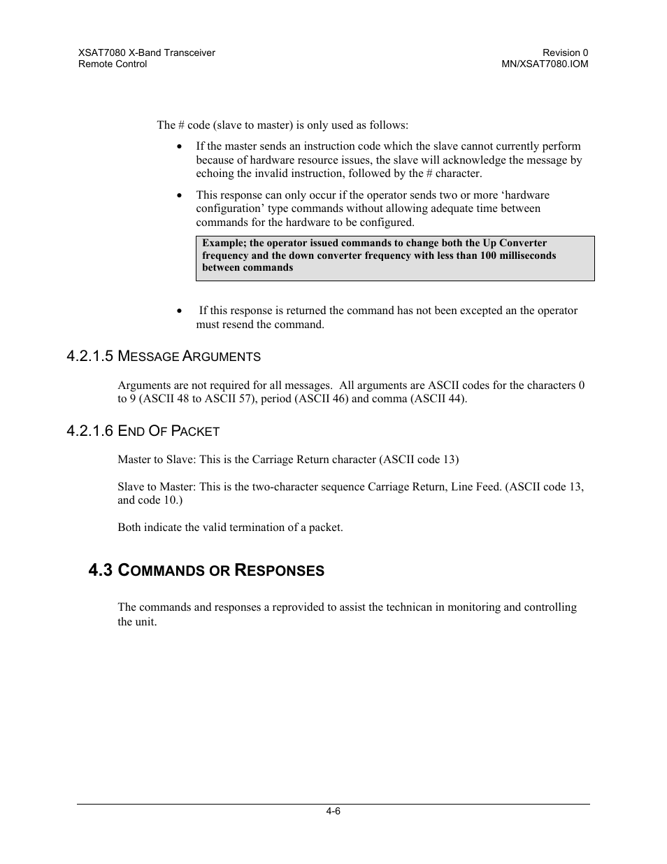 Message arguments, End of packet, Commands or responses | Comtech EF Data XSAT-7080 User Manual | Page 42 / 142