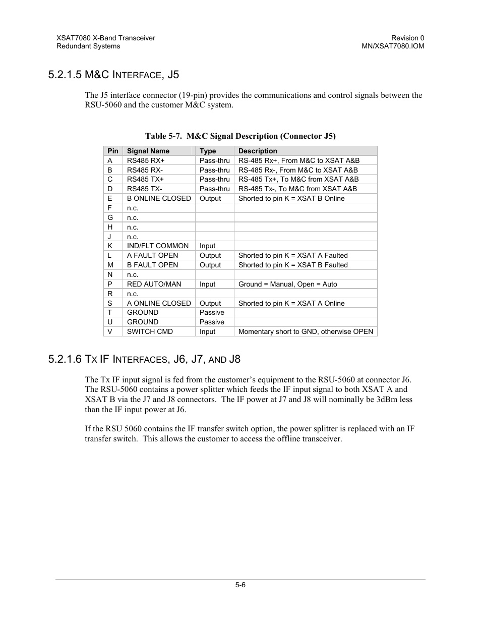 M&c interface, j5, Tx if interfaces, j6, j7, and j8, 5 m&c i | If i, J6, j7 | Comtech EF Data XSAT-7080 User Manual | Page 62 / 142