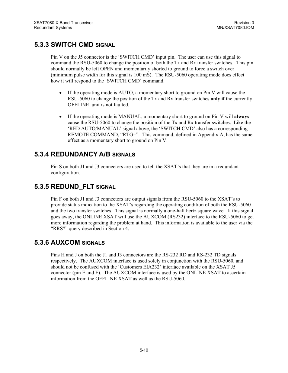 Switch cmd signal, Redundancy a/b signals, Redund_flt signal | Auxcom signals, 3 switch cmd, 4 redundancy a/b, 5 redund_flt, 6 auxcom | Comtech EF Data XSAT-7080 User Manual | Page 66 / 142