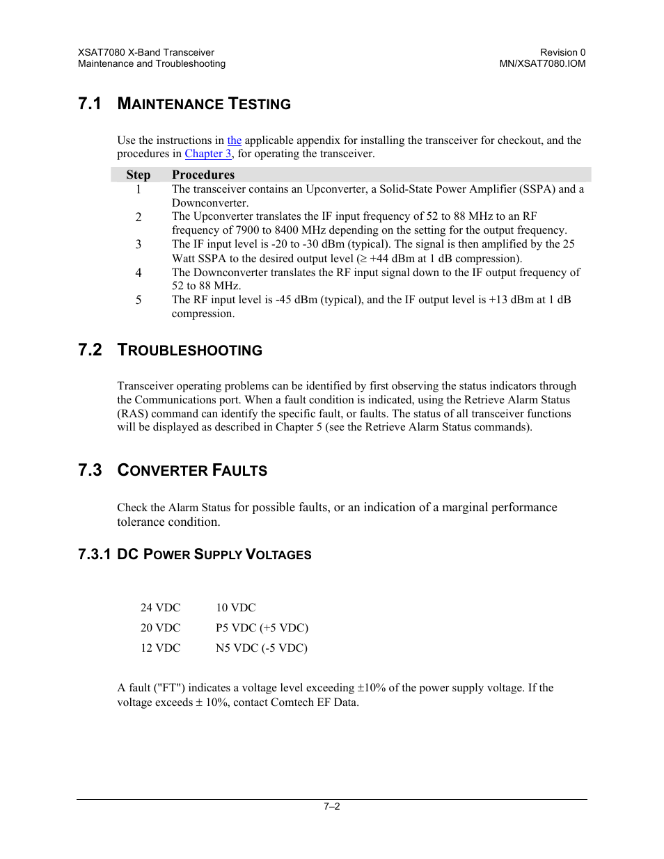 Maintenance testing, Troubleshooting, Converter faults | Dc power supply voltages | Comtech EF Data XSAT-7080 User Manual | Page 74 / 142