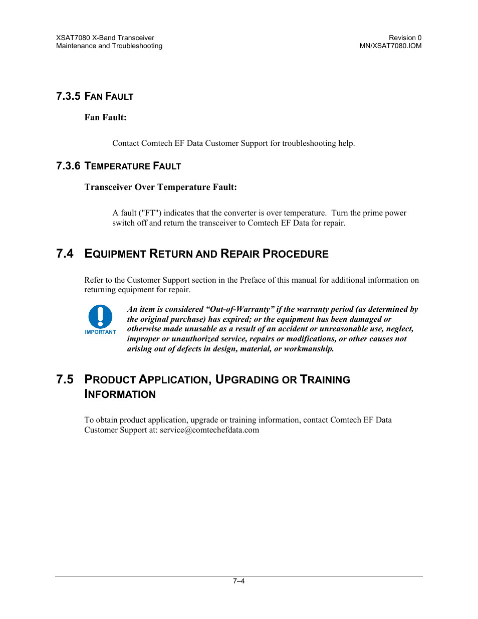 Fan fault, Temperature fault, Equipment return and repair procedure | Comtech EF Data XSAT-7080 User Manual | Page 76 / 142