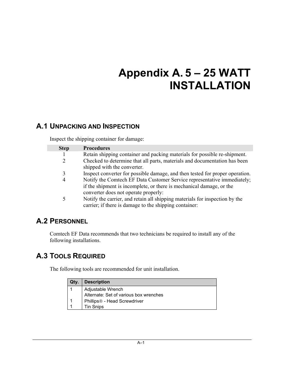 A. 5 - 25 watt installation, Unpacking and inspection, Personnel | Tools required, Appendix a. 5 – 25 watt installation, A.1 u, A.2 p, A.3 t | Comtech EF Data XSAT-7080 User Manual | Page 83 / 142