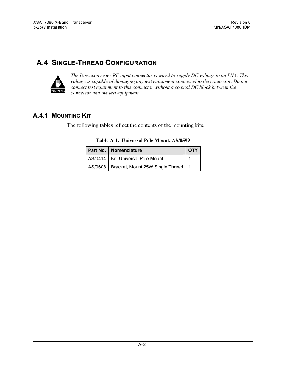 Single-thread configuration, Mounting kit | Comtech EF Data XSAT-7080 User Manual | Page 84 / 142