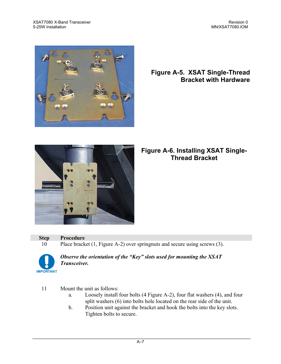 Figure a-6. installing xsat single- thread bracket | Comtech EF Data XSAT-7080 User Manual | Page 89 / 142