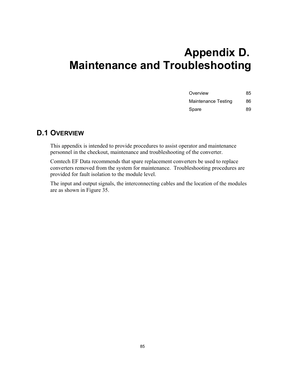 D. maintenance and troubleshooting, Overview, Appendix d. maintenance and troubleshooting | Comtech EF Data DT-4500 Series User Manual | Page 103 / 114