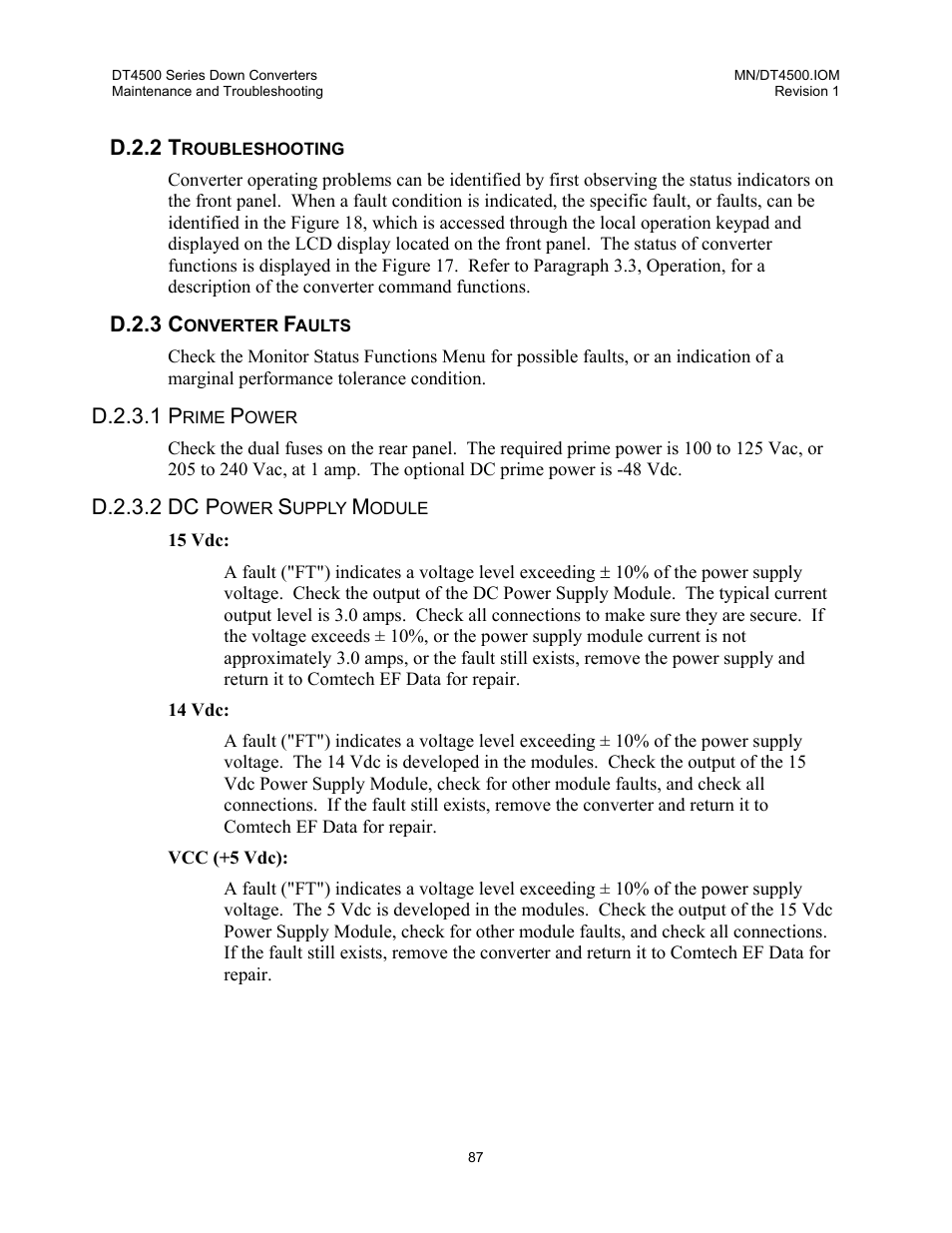 Troubleshooting, Converter faults, Prime power | Dc power supply module | Comtech EF Data DT-4500 Series User Manual | Page 105 / 114