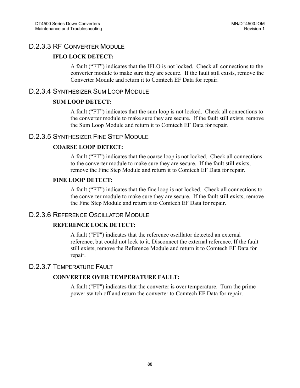 Rf converter module, Synthesizer sum loop module, Synthesizer fine step module | Reference oscillator module, Temperature fault | Comtech EF Data DT-4500 Series User Manual | Page 106 / 114