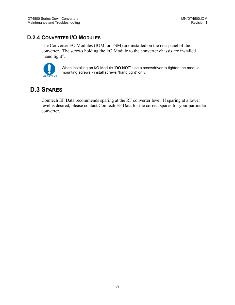 Converter i/o modules, Spares, D.3 s | D.2.4 c, I/o m | Comtech EF Data DT-4500 Series User Manual | Page 107 / 114