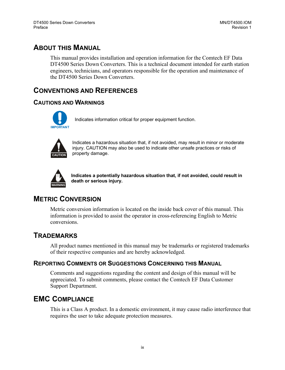 About this manual, Conventions and references, Cautions and warnings | Metric conversion, Trademarks, Emc compliance, Emc c | Comtech EF Data DT-4500 Series User Manual | Page 15 / 114