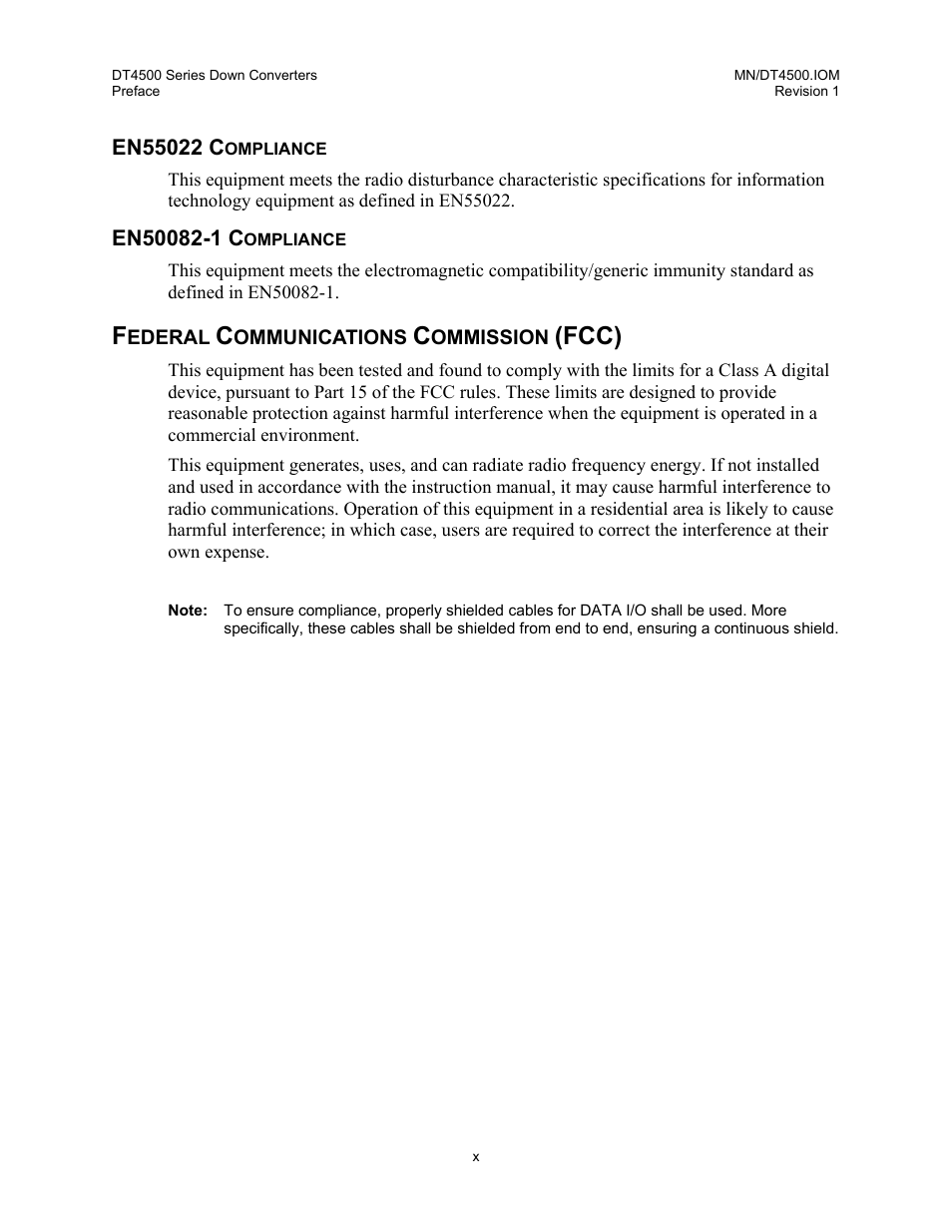 En55022 compliance, En50082-1 compliance, Federal communications commission (fcc) | Fcc) | Comtech EF Data DT-4500 Series User Manual | Page 16 / 114