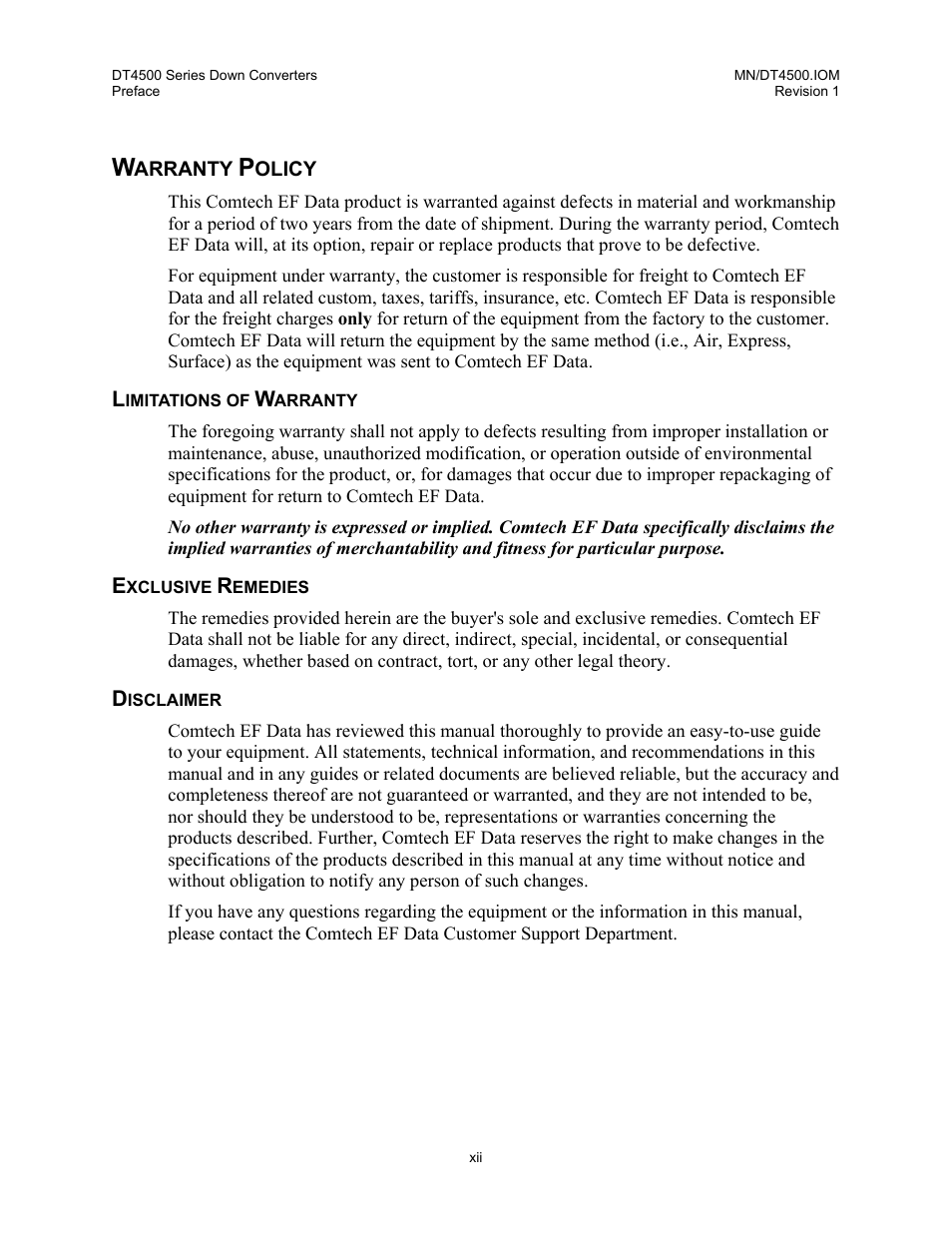 Warranty policy, Limitations of warranty, Exclusive remedies | Disclaimer | Comtech EF Data DT-4500 Series User Manual | Page 18 / 114