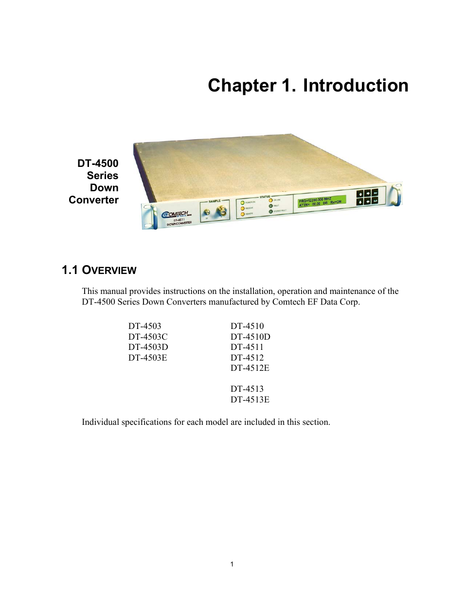 Introduction, Overview, Chapter 1. introduction | Comtech EF Data DT-4500 Series User Manual | Page 19 / 114