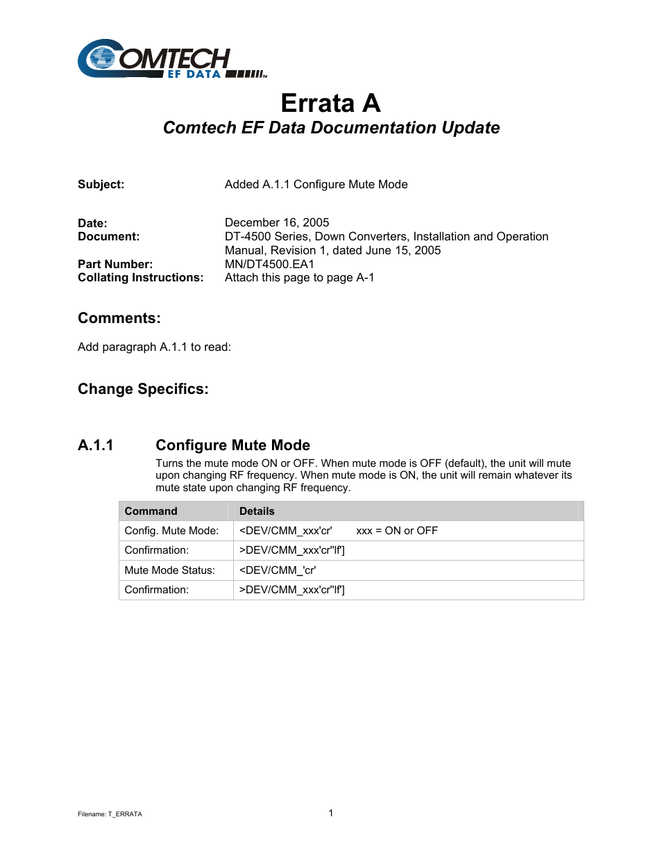 Errata a, Comtech ef data documentation update, Comments | Change specifics, A.1.1 configure mute mode | Comtech EF Data DT-4500 Series User Manual | Page 3 / 114