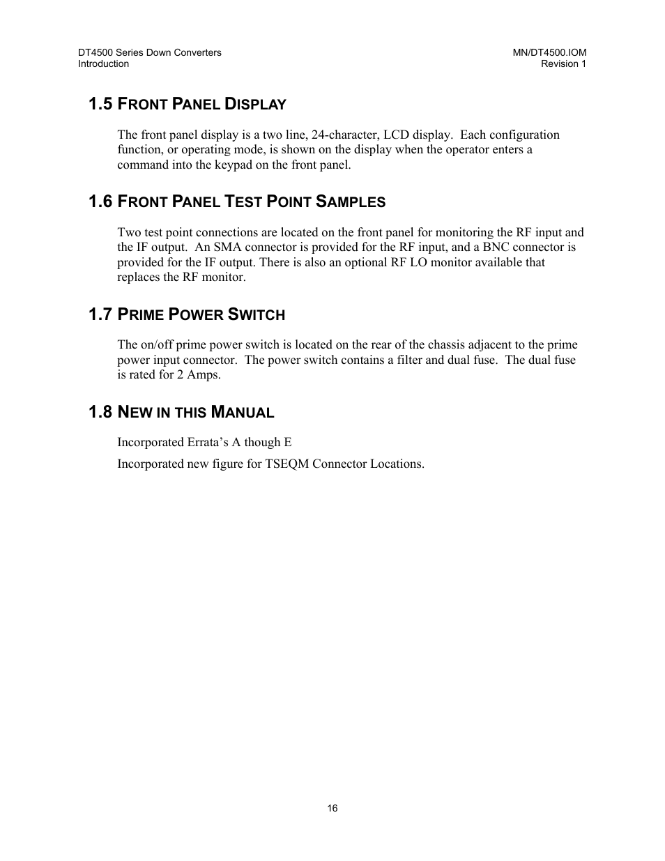 Front panel display, Front panel test point samples, Prime power switch | New in this manual | Comtech EF Data DT-4500 Series User Manual | Page 34 / 114